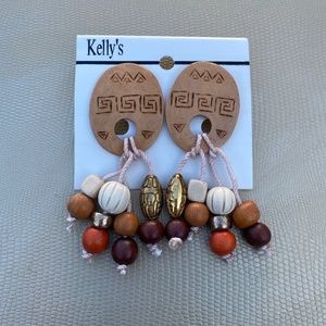 Vintage 80's Tribal Tan Cream & Gold Wood & Bead Dangle Post Back Earrings